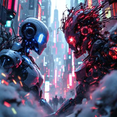 The primary subject of the image is a futuristic robot with a human-like face, standing next to another robot with a similar appearance. The setting is a cityscape with a backdrop of buildings and a red sky. The visual style is digital art, as the robots are depicted with a detailed and intricate design. The colors and mood of the image are dark and moody, with the red sky and the overall atmosphere creating a sense of unease or tension.